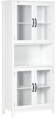 HOMCOM Buffet Haut Armoire de Cuisine 4 Portes vitrées et 1 Niche centrage Hauteur 172 cm avec étagères réglables - Blanc