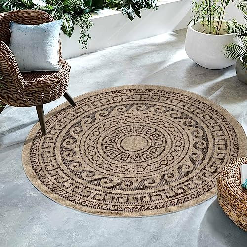SIMPEX Outdoor Teppich, Vintage Design, Teppich Natur, 80 cm Rund, Teppich skandinavischen Stil, Küche, Balkon, Terrasse, Garten, Picknick