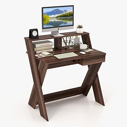 COSTWAY Scrivania per Computer in Legno, Scrivania con Cassetto, Portaoggetti e Supporto per Monitor, Poggiapiedi e Gambe a Forma di X, Ideale per Ufficio e Casa (Noce)