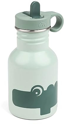 Done by Deer Edelstahl Flasche Croco Grün - 350 ml - Robuste Kinder Trinkflasche mit einen praktischen Trinkhalm - Ø7 x H 15 cm, Edelstahl 18/8, Deckel: PP