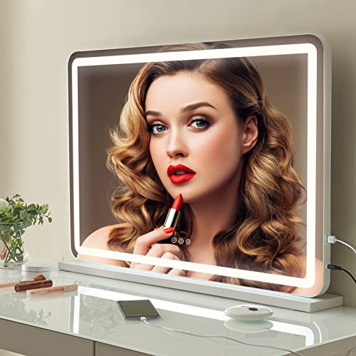 Saimeihome Hollywood Schminkspiegel mit LED Beleuchtung 80x55cm - Kosmetikspiegel mit 3 Farbtemperatur, 10X Vergrößerung, Touch Control & USB-Anschluss - Weiß, Tisch/Wandmontage