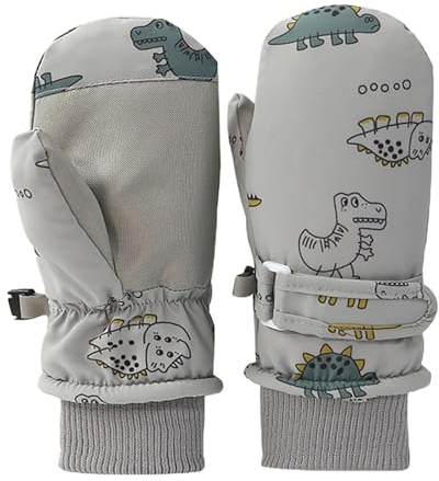 Kinder Skihandschuhe Winddicht Wasserdicht Winterhandschue, Niedliche Dinosaurier Print Fäustlinge Kinderhandschuhe Warme Ski Handschuhe für Jungen und Mädchen von 0 bis 8 Jahre (Grau, 2-4 Jahre)