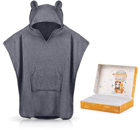 Fuchs&Panda® Badeponcho Kinder EXTRA warm, weich & kuschelig (100% Bambus) | Badeponcho Baby | Handtuch Poncho Kinder mit toller Geschenkverpackungg (Blau-grau)