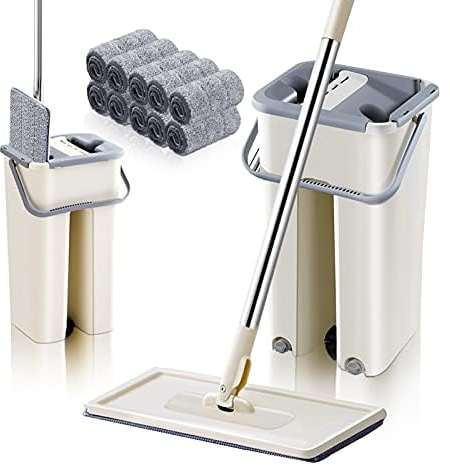 Supernic 360° Floor Mop & Bucket Set with 10 Machine Washable Microfiber Pads - Flat Squeeze Mop for Wet & Dry Cleaning, Grey