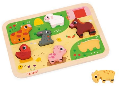 Janod - Chunky Puzzle Auf dem Bauernhof - FSC-Holz - 7 Teile - Fördert Feinmotorik, Konzentration und Fantasie - Ab 18 Monaten, J07121