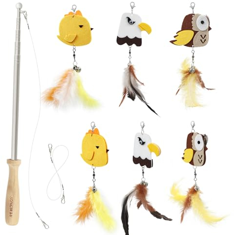 SONGWAY Interaktives Katzenspielzeug Angel mit Feder, Katzen Spielzeug mit Skalierbar Stangen und 6 Stück Filzspielzeug für Katzen, Katzenspielzeug in Vogelform aus Filz mit Federn und Glocken