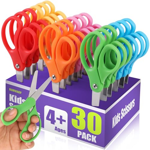 BURVAGY 30 Packs 5 Small School Student Blunt Tip Craft Kids Scissors, Stainless Steel Blades Comfort Grip 5 Inch Safety Scissors Bulk for Children Toodler Cutting Paper