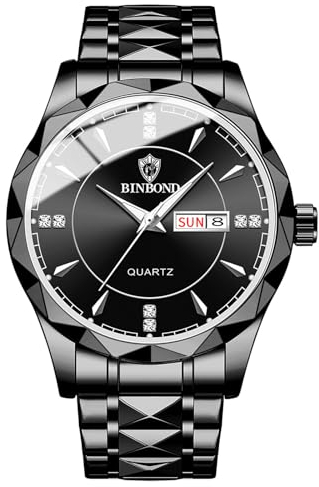 JewelryWe Herrenuhr Edelstahl Uhren Herren: 30m Wasserdicht Kalender Analog Quarz Armbanduhr Männer Schwarz Edelstahl Armband Lässig Business Uhr mit Schwarz Zifferblatt und Silber Leuchtzeiger