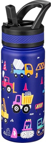 Fanhaw 550 ml Gourde Isotherme avec Paille - Bouteille Enfant en Acier Inoxydable Double Paroi, Anti-Fuite, Sans BPA, Pour Garçons et Filles (Bleu - En Construction)