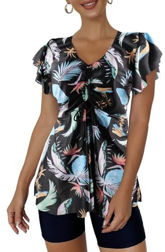 ECUPPER Womens Tankini Swim Dress with Sleeves Modest Two Piece Swimsuits Tummy Control Bathing Suit Floral Printed Swim Tops and Shorts Black L