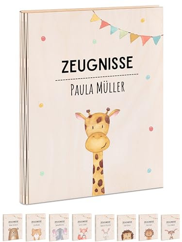 wunderwunsch® - Personalisierte Zeugnismappe aus Holz mit hochwertigem Spezial-Druck - Einschulung Geschenk - Zeugnismappe Jungen & Zeugnismappe Mädchen (Giraffe Girlande)