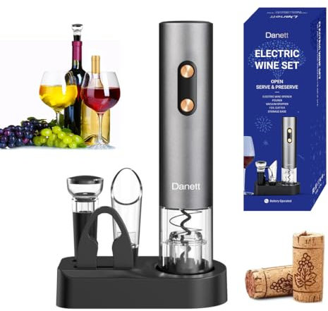 Danett Automatic Electric Wine Opener Gift Set 5𝐢𝐧1,Electric Wine Bottle Corkscrew+Foil Cutter+Pourer+Vacuum Stoppers+Base,Aluminium alloy body+Rose gold Buttons Anti-fingerprint,Blue Light Bin-Grey