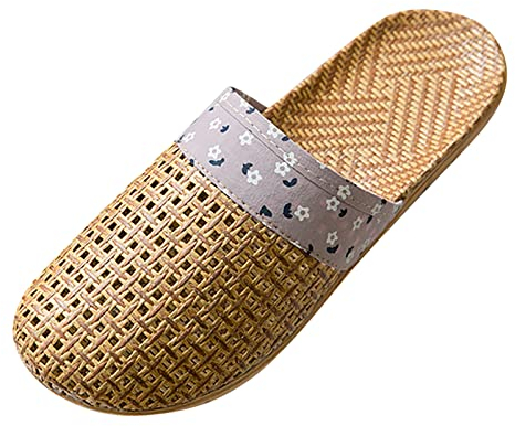 Lazzboy Hausschuhe Damen Sommer Leinen Pantoffeln Mit rutschfeste Weiche Sohle Blumen Muster Für Indoor Strand Slipper Puschen Flacheschuhe Strandschuhe Sandalen Pantoletten (Lila,37)