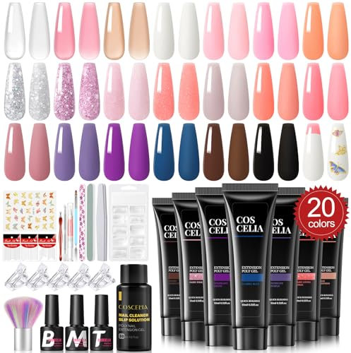 COSCELIA Poly Nagel Gel Set, 20 Farben Poly Nagelverlängerung Gel Gelnägel Starterset Poly Nail Extension Gel Kit für Nageldesign Selber Machen