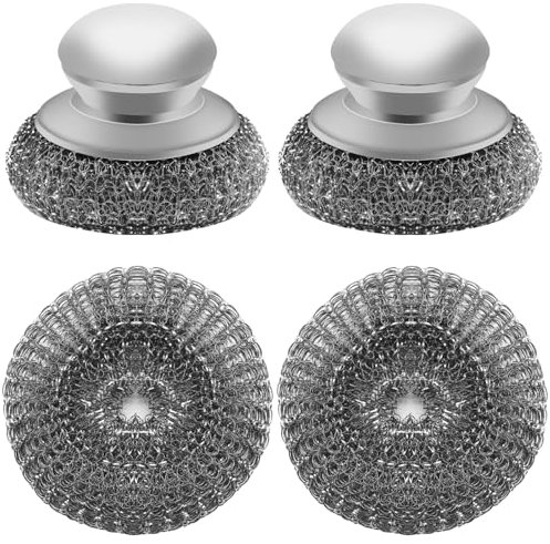 2 estropajos de lana de acero inoxidable con mango, 2 almohadillas de lana de repuesto para limpiar platos, fregadores de ollas que pueden limpiar ollas de hierro,Stainless Steel Scrubber
