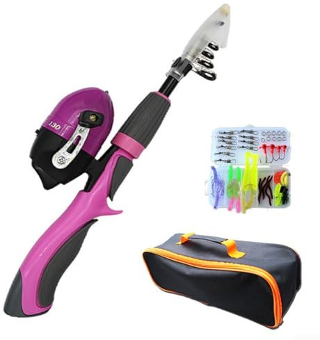 Kit canna da pesca per bambini, facile da riporre, corpo in nylon, manico ergonomico (rosa)