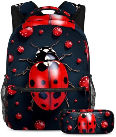 Schulranzen Set - Red Insect Ladybug 5 Rucksack mit Federmäppchen Combo, ideal für Schüler, Jungen und Mädchen, Red Insect Marienkäfer, Größe L