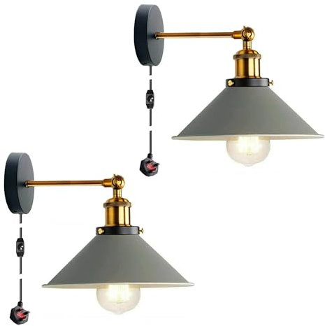 LEDSone 2 Pack of Retro Industrial Wall Light Plug-in Wall Lamp Metal Cone Shape Shade Indoor Light Fitting with Dimmer Switch for Bedroom Hallway Restaurants
