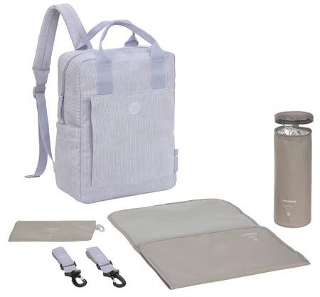 LÄSSIG Baby Wickelrucksack Wickeltasche Rucksack mit Wickelunterlage, Kinderwagenbefestigung, Flaschenhalter nachhaltig produziert/GRE Vividal Backpack cord lilac