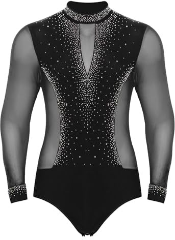 Xnihocha Mens Ballet Latin Dance Leotard Long Sleeve Bodysuit Shiny Rhinestones Ballroom Dance Shirts Black Medium
