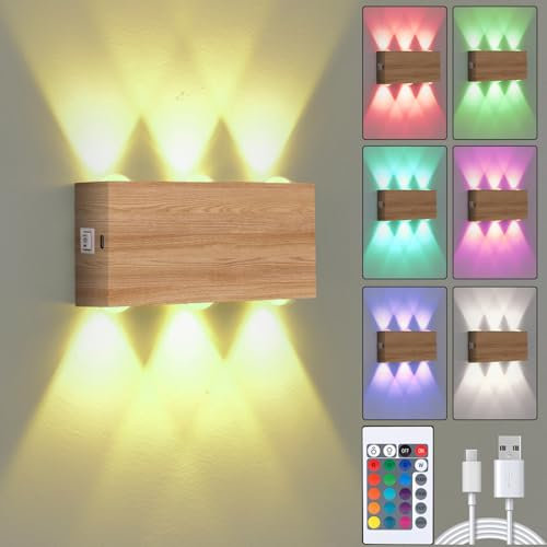 VOMI Akku Wandleuchte RGB 16 Farben Farbwechsel Innen Kabellose Wandlampe mit Fernbedienung Holzoptik USB Aufladbar 4000mAh Batterie Magnetische Lampe Ohne Bohren Wandbeleuchtung für Wohnzimmer