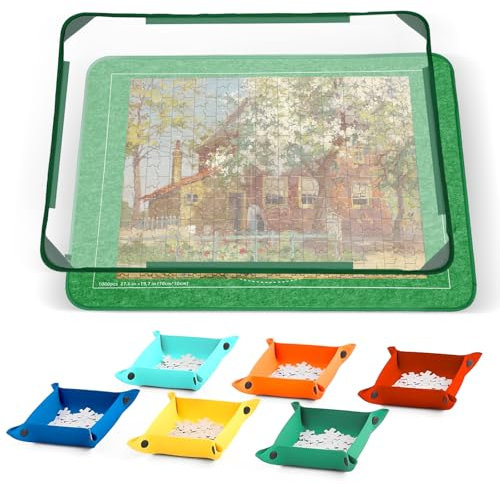 Savieva Puzzlematte 1000 Teile, Puzzlematten für Puzzle bis 1000, 81x56cm Filz-Puzzlematte mit 6 Sortierschalen und transparenter Abdeckung, ideal für Kinder, Anfänger, Senioren (Grün)