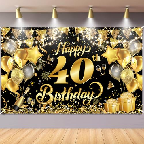 40.Geburtstag Banner Schwarz Gold, Waylipun Geburtstag Party Dekorationen, Geburtstagsbanner Hintergrund Banner für Frau Mann, 180×110cm