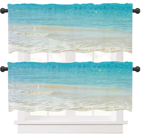 Ausing Küchen Gardinen Kurz 2er Set mit Blumendruck Halbtransparent Kurzer Vorhang Modern Dekorative Volants, Blau
