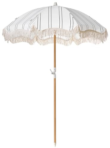 Beliani Parasol de Jardin Rétro en Toile ⌀ 150 cm Mât en Bois de Hêtre Blanc et Noir Mondello