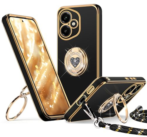 XYZ für Honor 400 Hülle mit Band, Herz Doppelring Ständer HandyHülle Handykette Frauen Mädchen Dünn Stoßfeste Anti-Kratzt SchutzHülle für Honor 400 Case, Schwarz