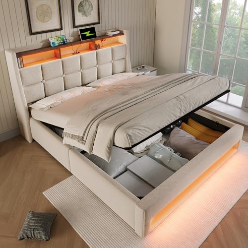 BTM Upholstered King Size Bed with Storage Headboard, USB Type-C Charging and LED Lighting, King Bed Frame with Metal Slatted Frame, 150x200cm, Linen, Beige (No Mattress)