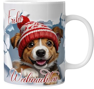 Tasse Frohe Weihnachten | Hund | Personalisiert mit Namen – lustige Tiere, Geschenkidee für Männer, Frauen, Kinder, Mädchen, Jungen, 3D Illusion Wintermotiv Schnee Cartoon
