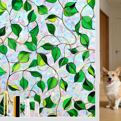NINETREX Fensterfolie Bunt Sichtschutzfolie Selbstklebende Folie 44.5x200CM | Regenbogeneffekt Blickdich Buntglas Anti-UV Sonnenschutz Blattmuster Dekorative Für Wohnzimmer, Küchen Und Schlafzimmer