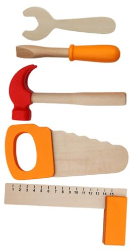 Veemoon Juego de Herramientas de Madera para 5 Piezas, Destornillador Simulado, Martillo de Garra, Llave Inglesa y Serrucho, Juguete Educativo para Desarrollo y Juegos de Imitación