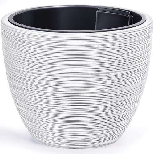 KONZEPT Blumentopf Groß 39 cm Durchmesser mit Einsatz – Pflanzkübel aus Kunststoff, Meißelstruktur, UV- & Frostbeständig, ideal für Wohnung, Büro, Terrasse und Garten, Weiß