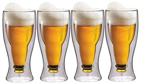 Maxxo Verres à Bière à Double Paroi 4x 35cl Thermos fait à la main en verre borosilicate resistant Idéal pour Bière Sodas Eau boissons chaudes et fraudes (350 ml)