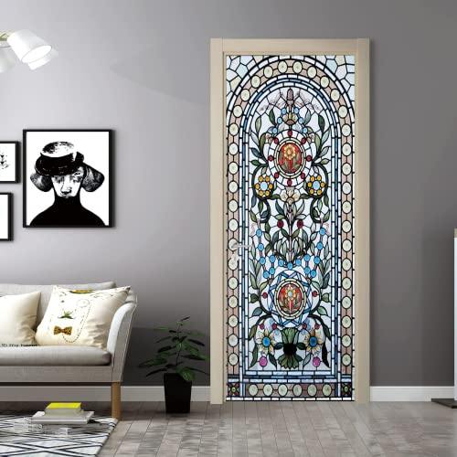 FLFK 3D Stained Glass Window Door Stickers Peel and Stick - Removable Waterproof Door Murals Wallpaper Wall Decals for Home Decor 30.3x78.7