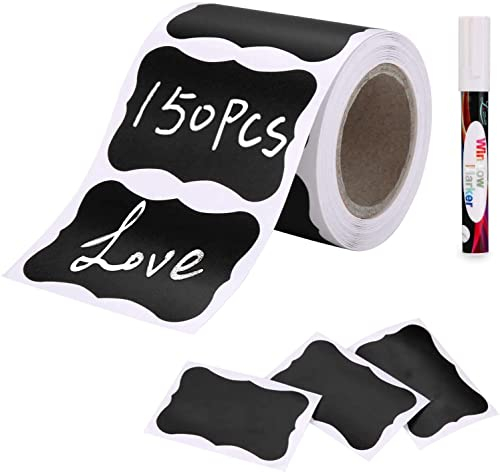 Joyoldelf Lot de 150 Etiquettes Autocollantes étanches, Etiquette Bocaux avec Stylo, Etiquettes Autocollantes Epices pour Cuisine pour Pots à épices, Confitures, etc. 6 x 4 cm (Ondulée)