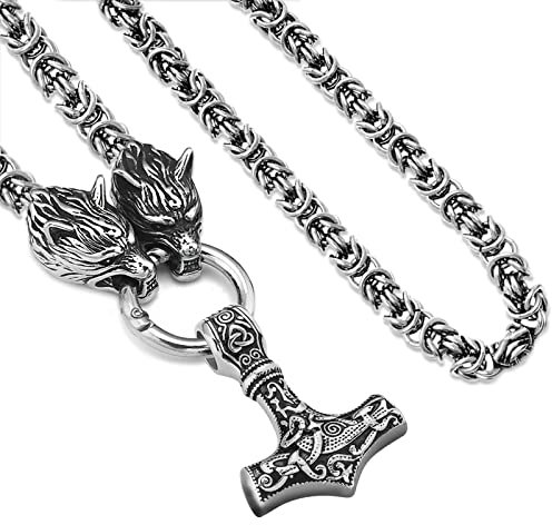 NICEWL Cuervos De Odin con El Martillo De Thor. Mjolnir Collar Colgante. Cadena De Cabeza De Lobo De Metal Vikingo. Mitología Nórdica. Hombres De Acero Inoxidable. Amuleto De Joyería Pagana,70cm