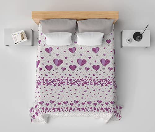 HomeLife Copriletto una piazza e mezzo Cotone Primaverile/Estiva Made In Italy [220x280] | Coperta Cotone Leggera per Letto alla Francese | Copri Letto con Fantasia Cuori e Mongolfiere | Glicine
