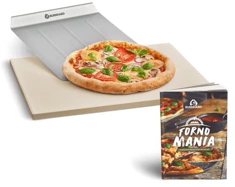 BURNHARD Pizzastein und Pizzaschaufel für Gasgrill & Holzkohlegrill aus Cordierit und Edelstahl für Brot, Flammkuchen & Pizza, rechteckig - 45 x 35 x 1,5 cm