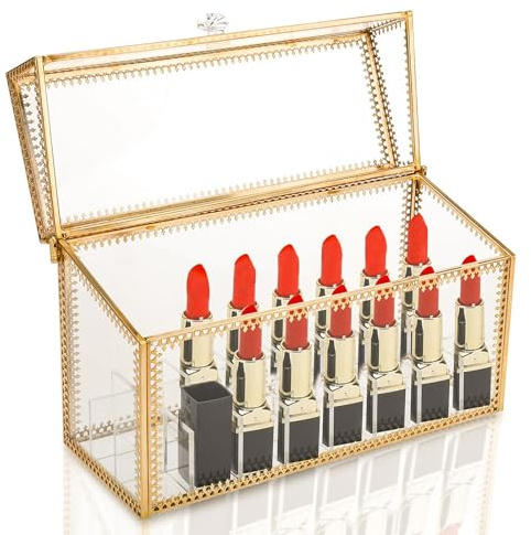 HighFree Glass Lipstick Organizer with Lid, 24-Slot Vintage Lipstick Holder | Lip Gloss Organizer, Clear Gold Vintage Display Box with Removable Dividers for Lipsticks, Lip Gloss, Nail Polish