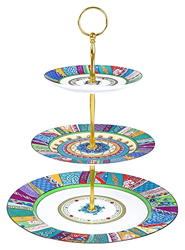 fanquare Etagere Vintage Porzellan 3-Stufig, Grün ServierStänder Cupcake Ständer Dessert Halter und Metall für Desserts, Kuchen, Käse