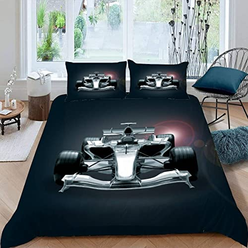 Bettwäsche 135×200 3D Druck 2teilig Rennwagen, Sportwagen Bettwäsche-Sets Weiche kuschelig Mikrofaser mit Reißverschluss Formel Auto Sommer Bettbezug mit 1 Kissenbezug 80x80 cm Jungen Mädchen