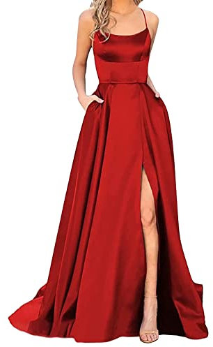 Blingko Robe Longue Femme en Satin élégante Sexy Dos Nu Fendue Spaghetti Sangle Couleur Unie Swing pour Bal Mariage Cocktail Robe de Soirée Longue Mariage Party Dress A2Rouge