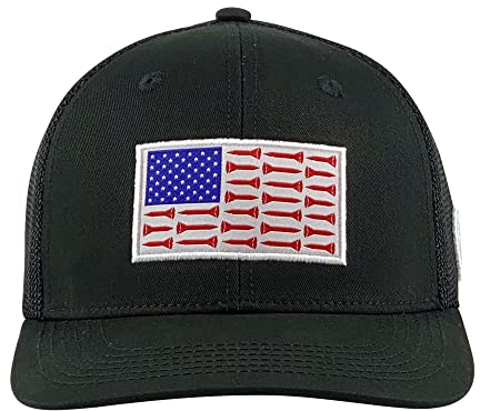 American Golf Flag Trucker Hat - Stickerei US-Flagge mit Golf Tees - Mesh Rückseite, ideal für Outdoor & Golf spielen, Schwarz, Einheitsgröße