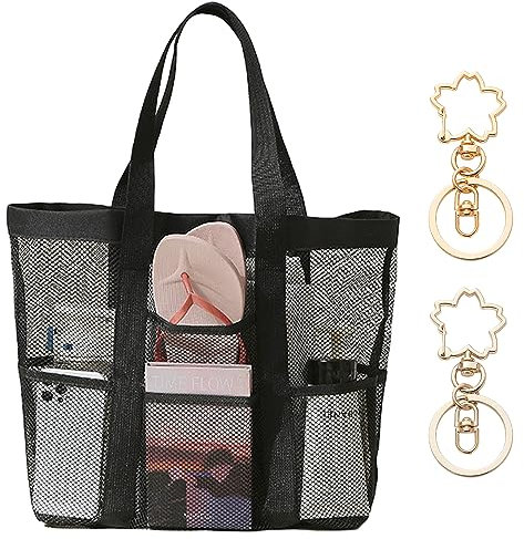 ATBUSS Sac de plage en filet noir avec 2 pendentifs fleurs de cerisier, sac fourre-tout pliable, organisaeur de vacances pour la plage, le fitness, la douche, le yoga, le shopping
