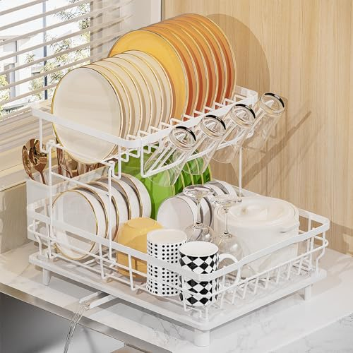 LIONONLY 2 Tier Dish Drainer Rack with Drip Tray, Detachable Large Dish drying Rack with Swivel Drainage Spout, Utensil & Cup Holder,Dish Rack for Kitchen Counter