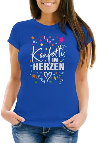 MoonWorks® Damen T-Shirt Fasching Karneval Konfetti im Herzen Kostüm-Ersatz Verkleidung Funshirt Frauen blau XL
