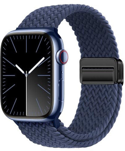 Compatible with Apple Watch Strap 49mm 46mm 45mm 44mm, Elasticated Magnetic Nylon Strap Band for IWatch Series 10/9/8/7/6/5/4/SE/SE 2/Ultra 3/2 Men Midnight Blue